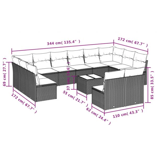 13-tlg. Garten-Sofagarnitur mit Kissen Grau Poly Rattan