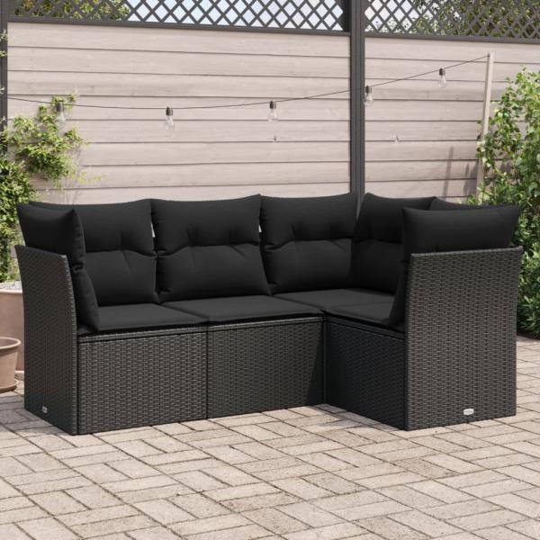 ARDEBO.de - 4-tlg. Garten-Sofagarnitur mit Kissen Schwarz Poly Rattan