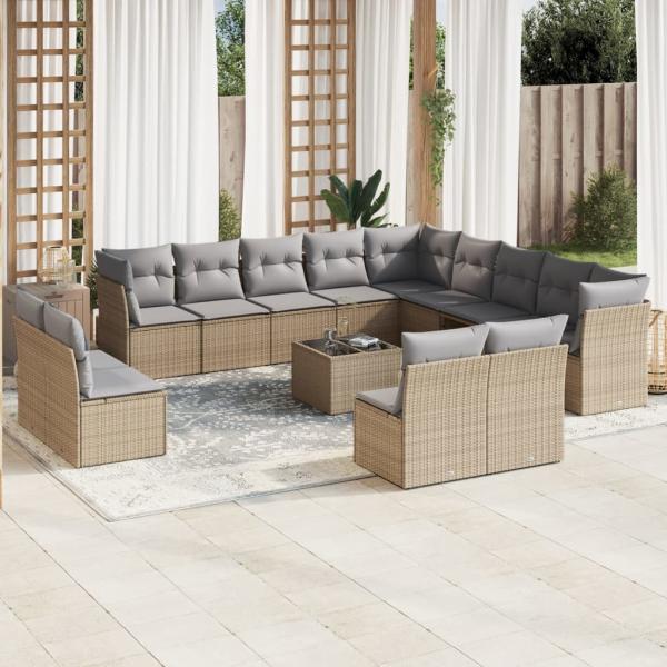 ARDEBO.de - 14-tlg. Garten-Sofagarnitur mit Kissen Beige Poly Rattan