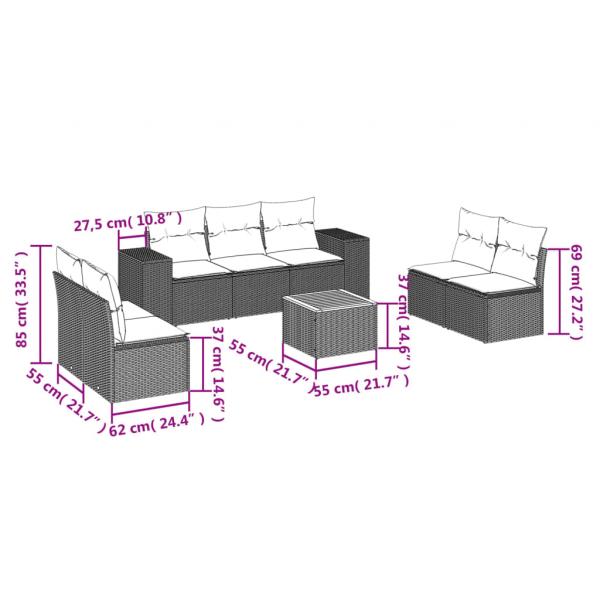 8-tlg. Garten-Sofagarnitur mit Kissen Grau Poly Rattan