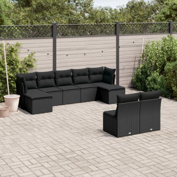 ARDEBO.de - 9-tlg. Garten-Sofagarnitur mit Kissen Schwarz Poly Rattan