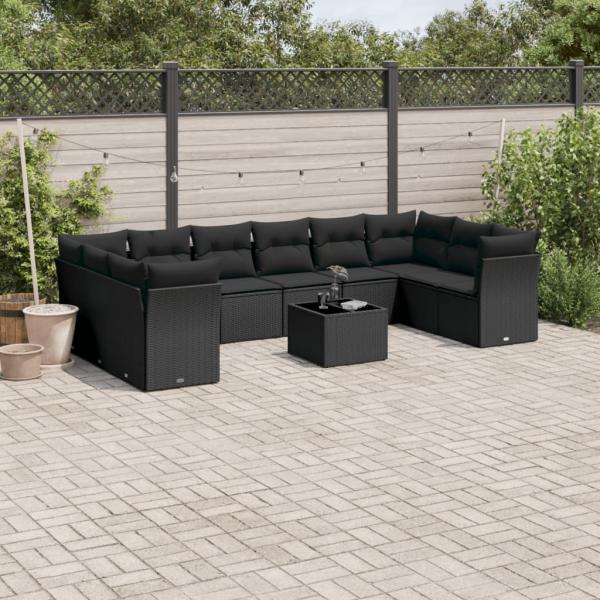 ARDEBO.de - 11-tlg. Garten-Sofagarnitur mit Kissen Schwarz Poly Rattan