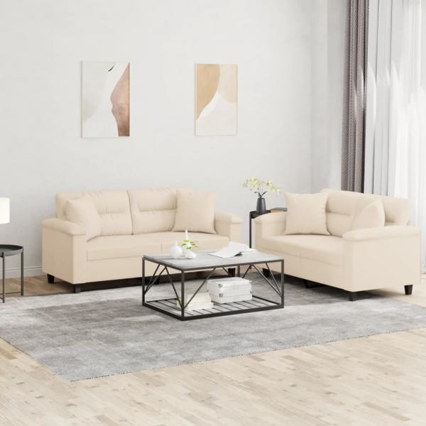 ARDEBO.de - 2-tlg. Sofagarnitur mit Kissen Beige Mikrofasergewebe