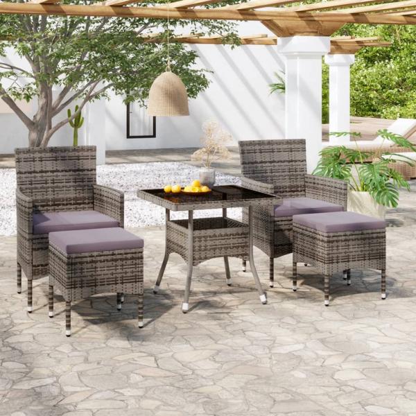 ARDEBO.de - 5-tlg. Garten-Essgruppe Poly Rattan und Hartglas Grau