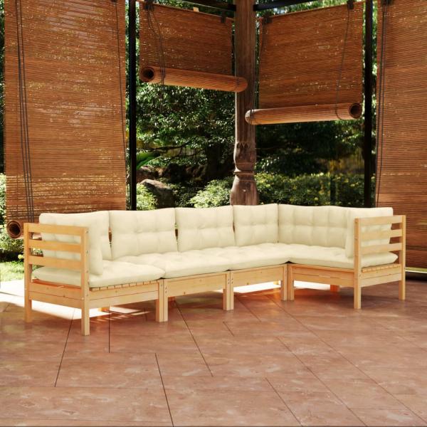 ARDEBO.de - 5-tlg. Garten-Lounge-Set mit Creme Kissen Kiefernholz