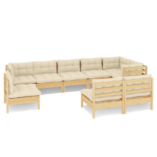 9-tlg. Garten-Lounge-Set mit Creme Kissen Massivholz Kiefer