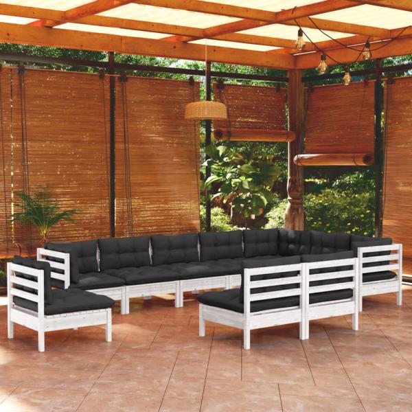 ARDEBO.de - 10-tlg. Garten-Lounge-Set mit Kissen Weiß Kiefer Massivholz