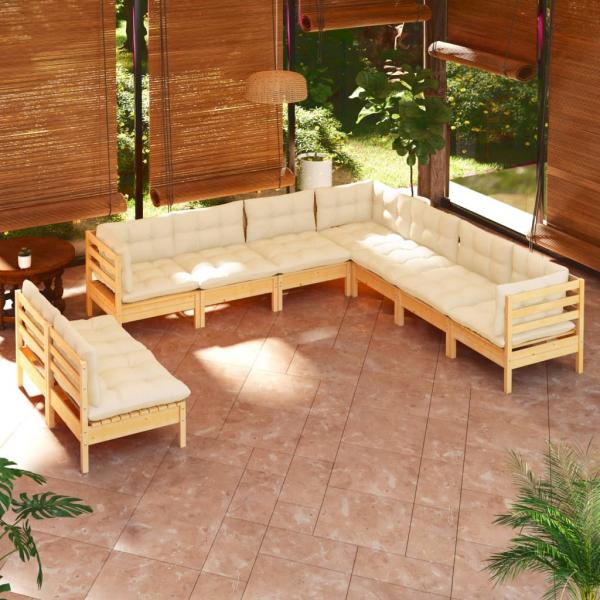 ARDEBO.de - 9-tlg. Garten-Lounge-Set mit Creme Kissen Massivholz Kiefer