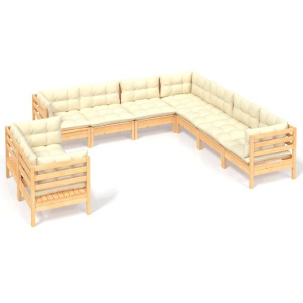 9-tlg. Garten-Lounge-Set mit Creme Kissen Massivholz Kiefer