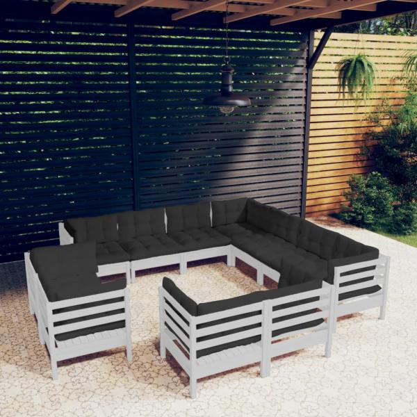 ARDEBO.de - 11-tlg. Garten-Lounge-Set mit Kissen Weiß Massivholz Kiefer