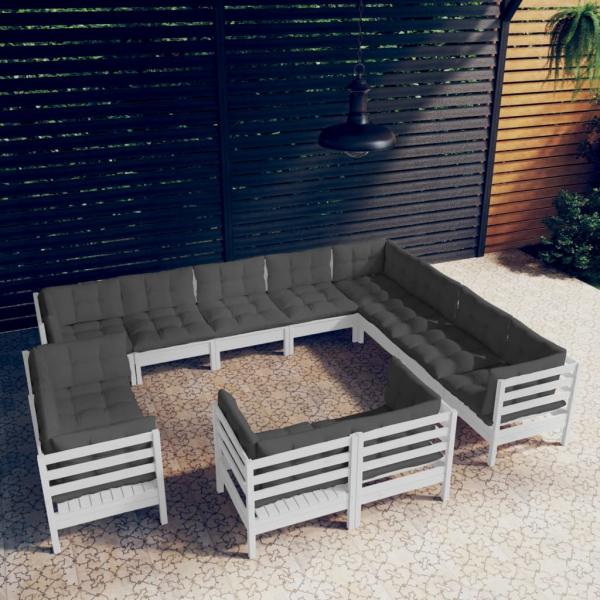 ARDEBO.de - 12-tlg. Garten-Lounge-Set mit Kissen Weiß Massivholz Kiefer