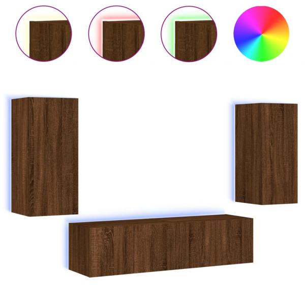 4-tlg. Wohnwand mit LED-Beleuchtung Braun Eiche Holzwerkstoff