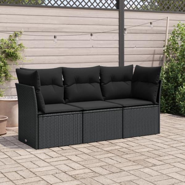 ARDEBO.de - 3-tlg. Garten-Sofagarnitur mit Kissen Schwarz Poly Rattan