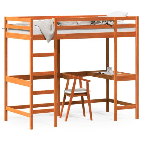 ARDEBO.de - Hochbett mit Schreibtisch Wachsbraun 90x190cm Massivholz Kiefer