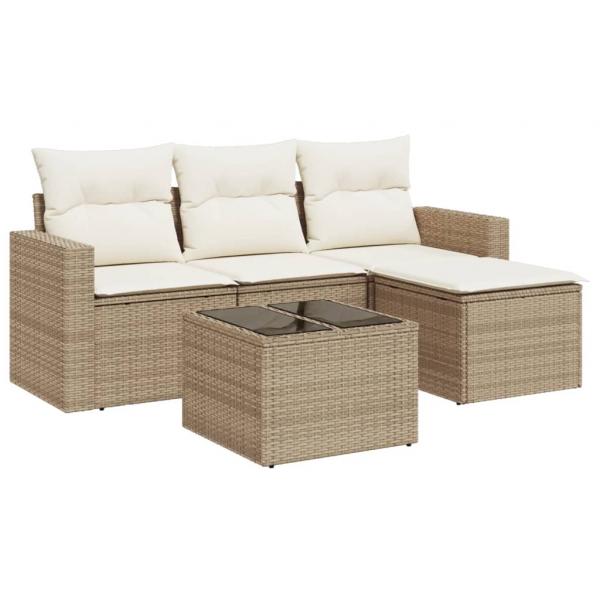 5-tlg. Garten-Sofagarnitur mit Kissen Beige Poly Rattan