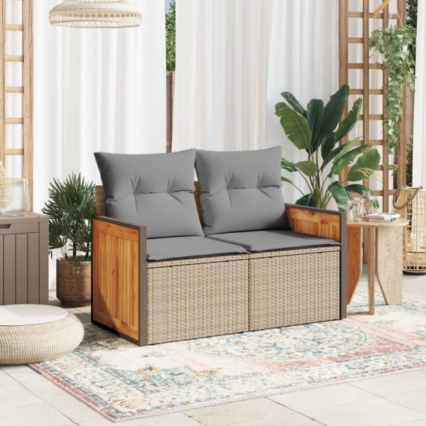 Gartensofa mit Kissen 2-Sitzer Beige Poly Rattan