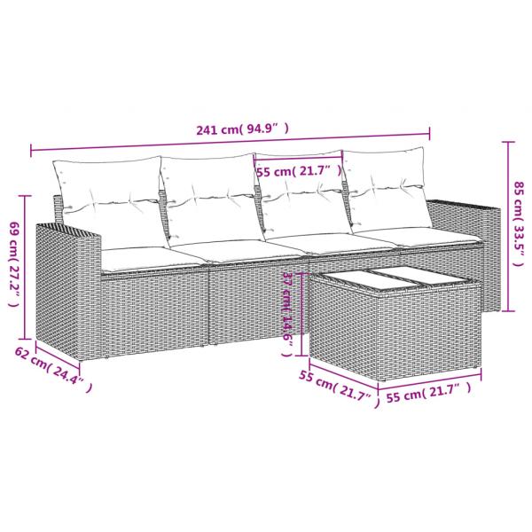 5-tlg. Garten-Sofagarnitur mit Kissen Schwarz Poly Rattan