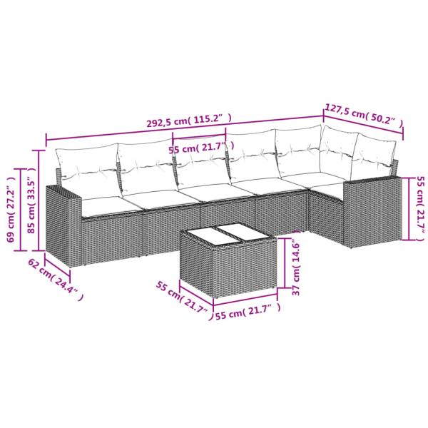 7-tlg. Garten-Sofagarnitur mit Kissen Schwarz Poly Rattan