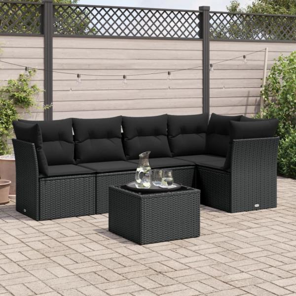 ARDEBO.de - 6-tlg. Garten-Sofagarnitur mit Kissen Schwarz Poly Rattan