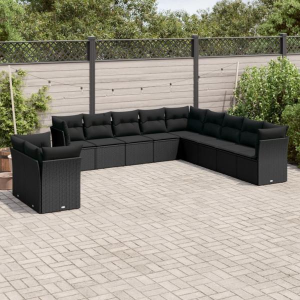 ARDEBO.de - 11-tlg. Garten-Sofagarnitur mit Kissen Schwarz Poly Rattan