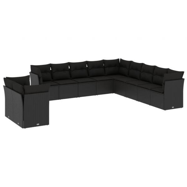 11-tlg. Garten-Sofagarnitur mit Kissen Schwarz Poly Rattan