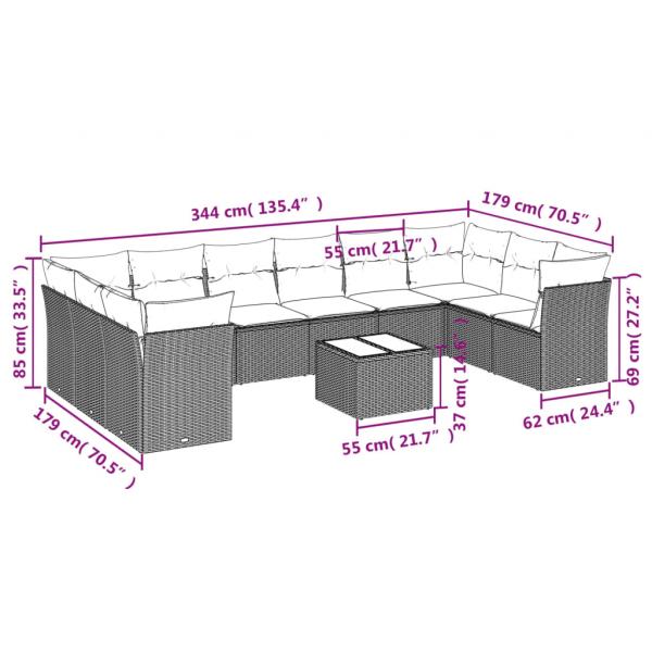 11-tlg. Garten-Sofagarnitur mit Kissen Schwarz Poly Rattan