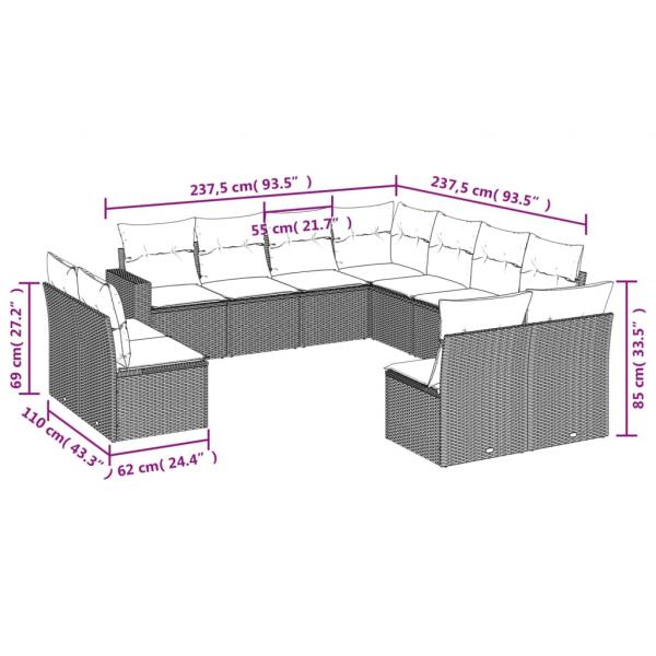 11-tlg. Garten-Sofagarnitur mit Kissen Grau Poly Rattan