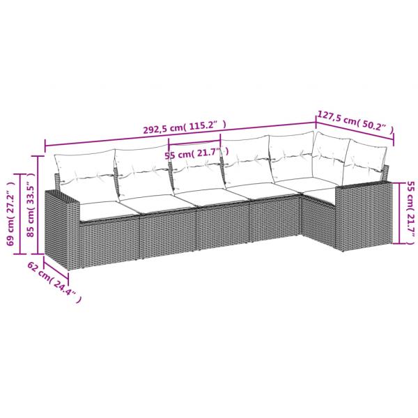 6-tlg. Garten-Sofagarnitur mit Kissen Grau Poly Rattan