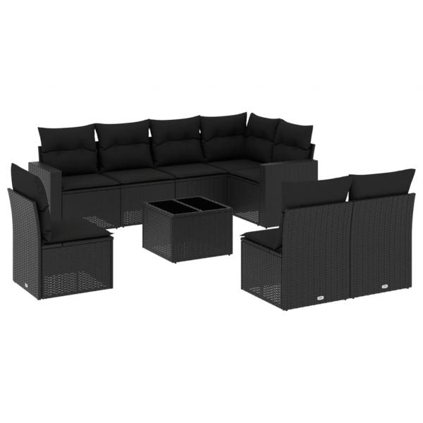 9-tlg. Garten-Sofagarnitur mit Kissen Schwarz Poly Rattan