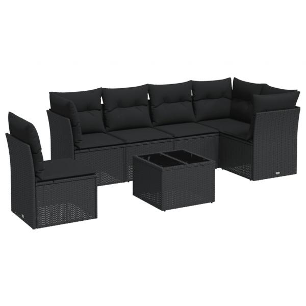 7-tlg. Garten-Sofagarnitur mit Kissen Schwarz Poly Rattan