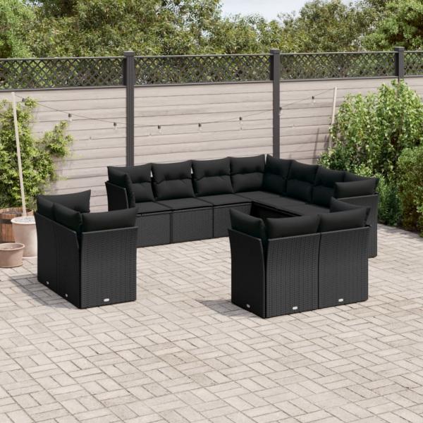 ARDEBO.de - 11-tlg. Garten-Sofagarnitur mit Kissen Schwarz Poly Rattan