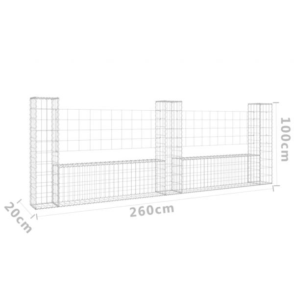 Gabionenkorb U-Form mit 3 Säulen Eisen 260x20x100 cm