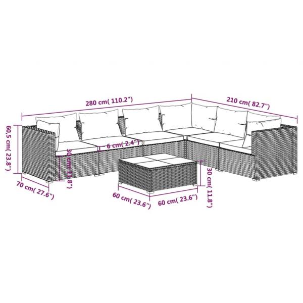 7-tlg. Garten-Lounge-Set mit Kissen Poly Rattan Braun