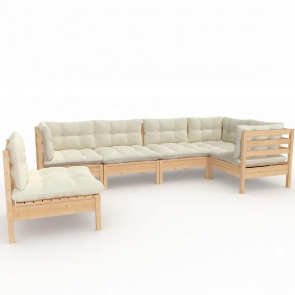 6-tlg. Garten-Lounge-Set mit Creme Kissen Kiefernholz