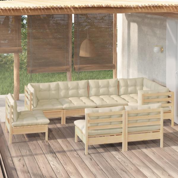 ARDEBO.de - 8-tlg. Garten-Lounge-Set mit Creme Kissen Massivholz Kiefer