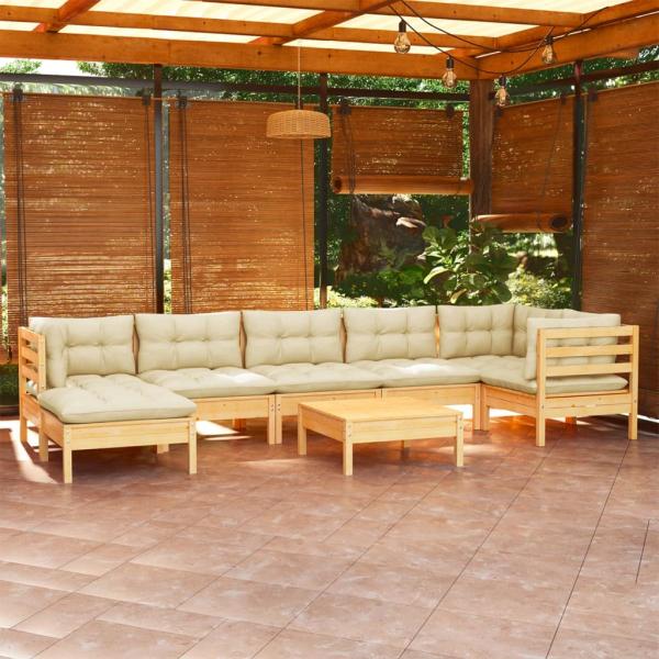 ARDEBO.de - 8-tlg. Garten-Lounge-Set mit Creme Kissen Massivholz Kiefer