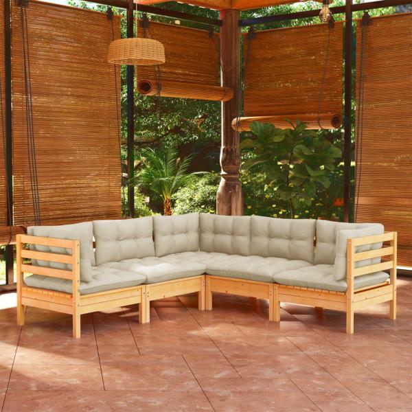 ARDEBO.de - 5-tlg. Garten-Lounge-Set mit Creme Kissen Massivholz Kiefer