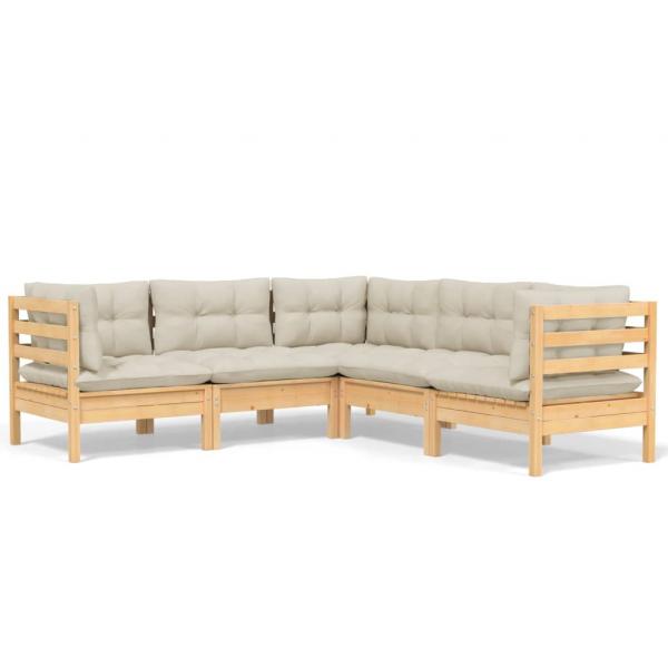 5-tlg. Garten-Lounge-Set mit Creme Kissen Massivholz Kiefer