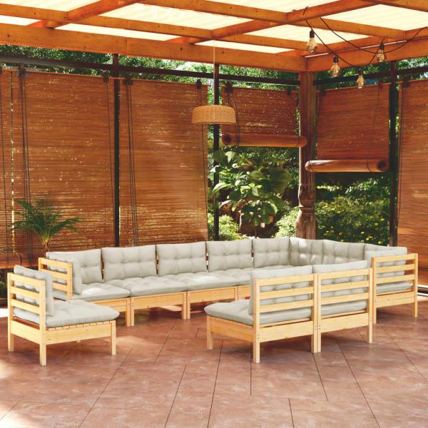 ARDEBO.de - 10-tlg. Garten-Lounge-Set mit Creme Kissen Massivholz Kiefer