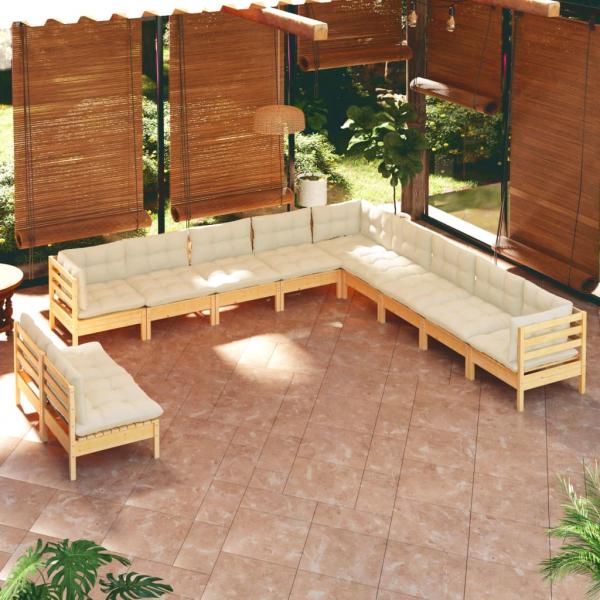 ARDEBO.de - 11-tlg. Garten-Lounge-Set mit Creme Kissen Massivholz Kiefer