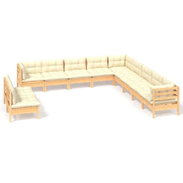 11-tlg. Garten-Lounge-Set mit Creme Kissen Massivholz Kiefer