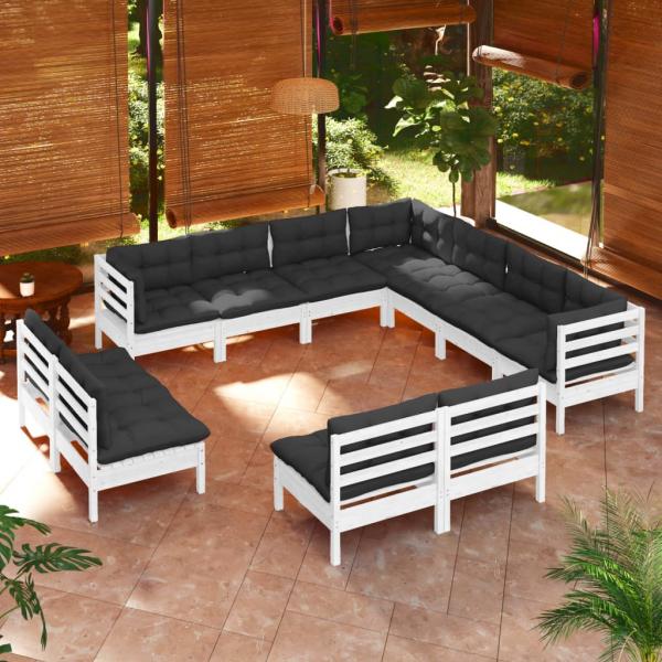 ARDEBO.de - 11-tlg. Garten-Lounge-Set mit Kissen Weiß Massivholz Kiefer