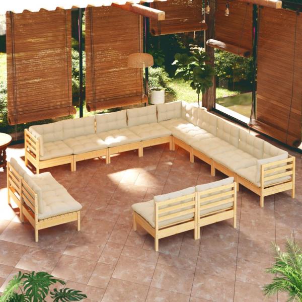 ARDEBO.de - 13-tlg. Garten-Lounge-Set mit Creme Kissen Massivholz Kiefer