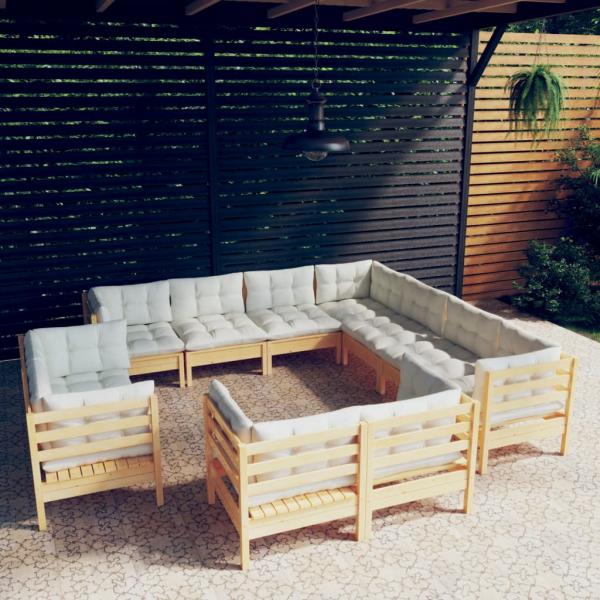 ARDEBO.de - 11-tlg. Garten-Lounge-Set mit Creme Kissen Massivholz Kiefer