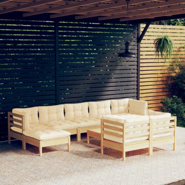 ARDEBO.de - 10-tlg. Garten-Lounge-Set mit Creme Kissen Massivholz Kiefer