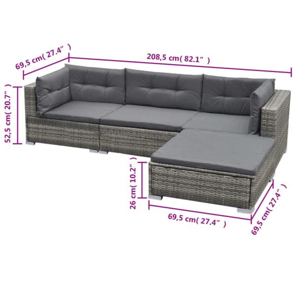 5-tlg. Garten-Lounge-Set mit Kissen Poly Rattan Grau