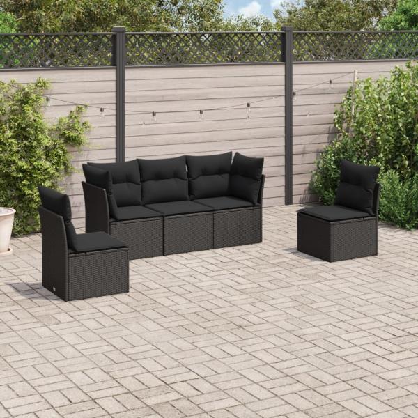 ARDEBO.de - 5-tlg. Garten-Sofagarnitur mit Kissen Schwarz Poly Rattan