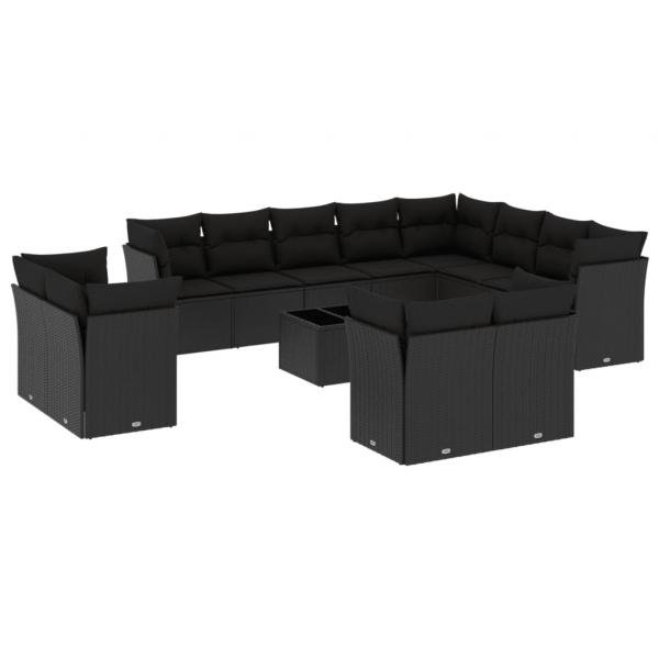 13-tlg. Garten-Sofagarnitur mit Kissen Schwarz Poly Rattan