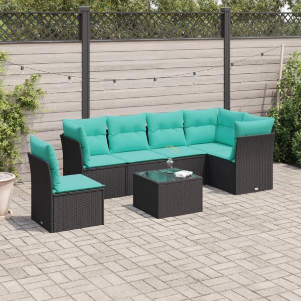 ARDEBO.de - 7-tlg. Garten-Sofagarnitur mit Kissen Schwarz Poly Rattan