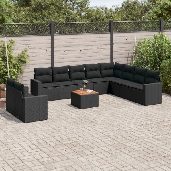 ARDEBO.de - 11-tlg. Garten-Sofagarnitur mit Kissen Schwarz Poly Rattan